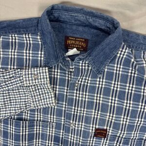 Pepe Jeans‎ London Denim Long Sleeve Mens L Blue Plaid Long USA Made Farmcore